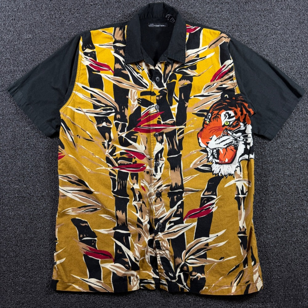 No Boundaries Mens Tiger Bamboo Button Up Shirt Black Yellow Cotton Size M